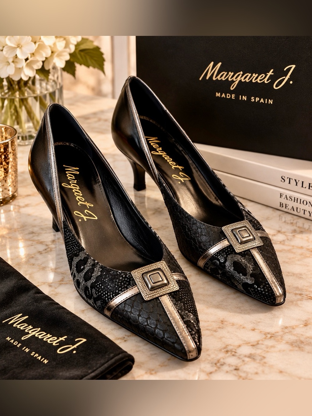 Margaret J. Black Leather Heels Pumps Size 6.5 Made in Spain 🇪🇸 new